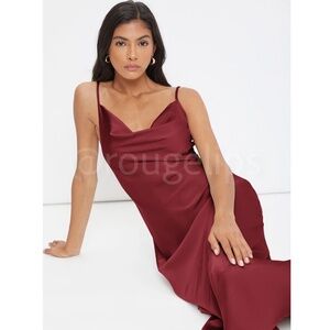 Burgundy Satin Cami Dress Midi Adjustable Spaghetti Straps